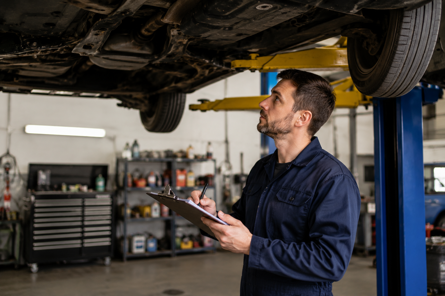 Mechanic inspecting vehicle under car lift