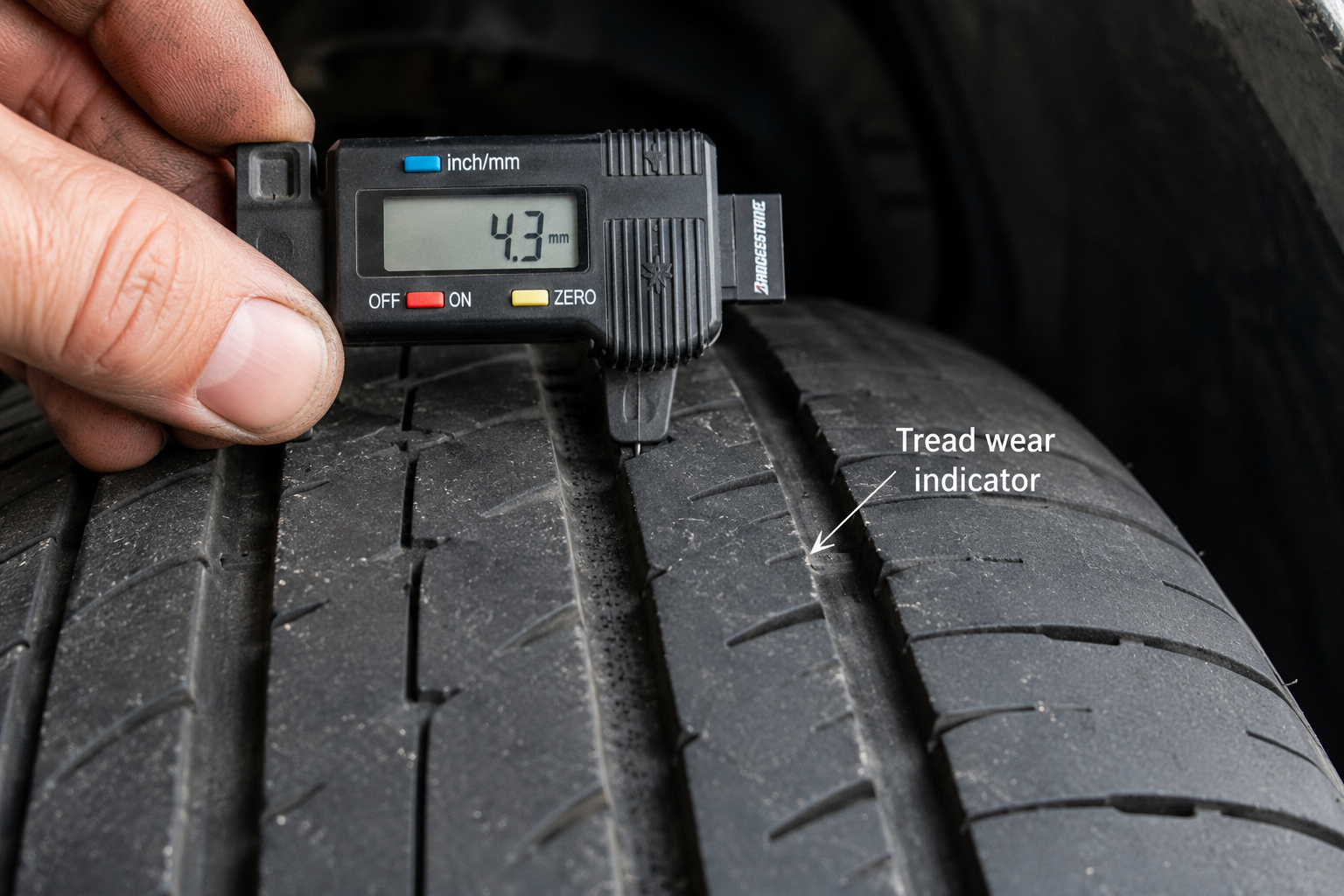 Tire tread depth measurement in workshop