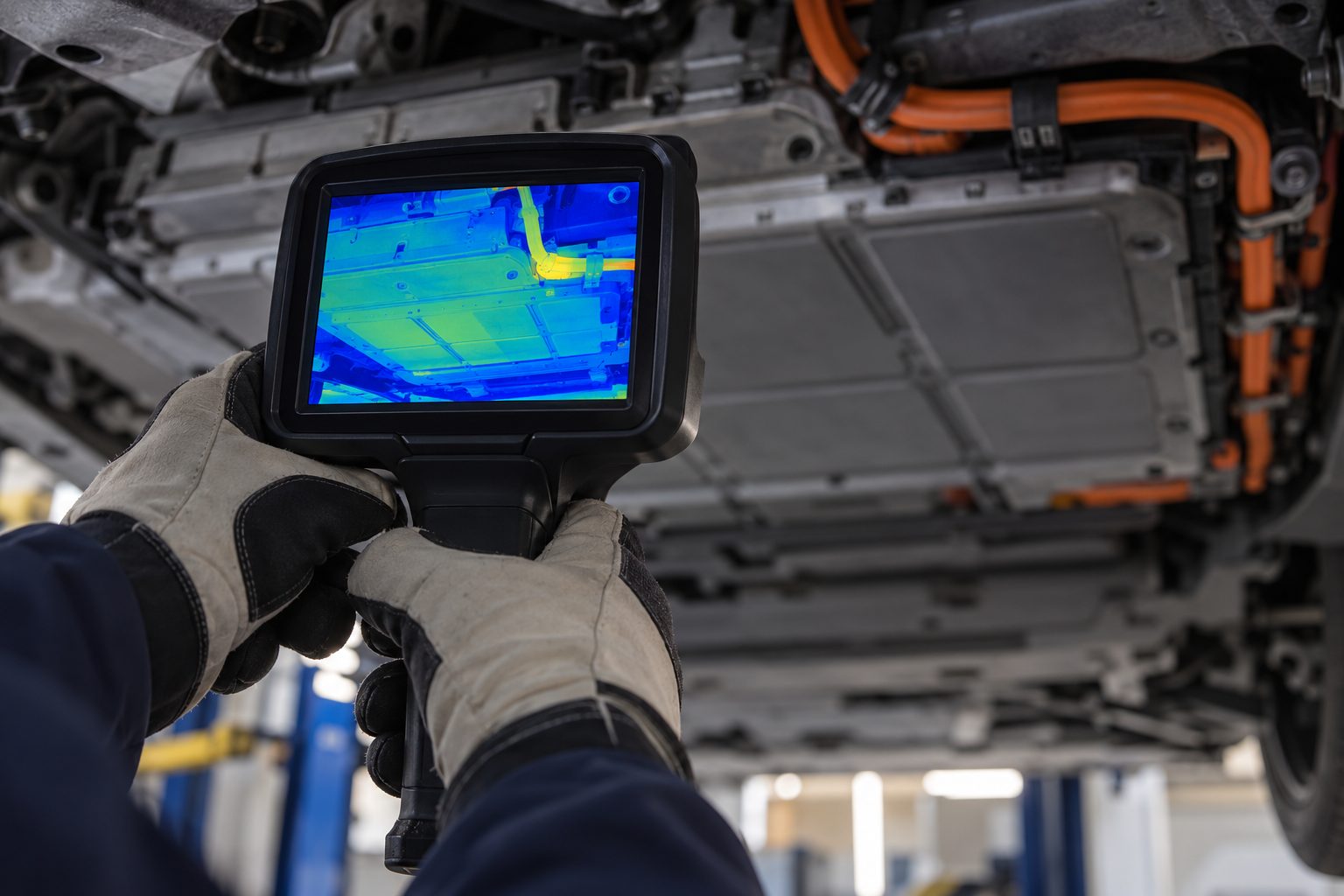Gloved hands hold a thermal camera showing a cool-coloured scan of an electric car battery pack and cable run beneath the raised vehicle.
