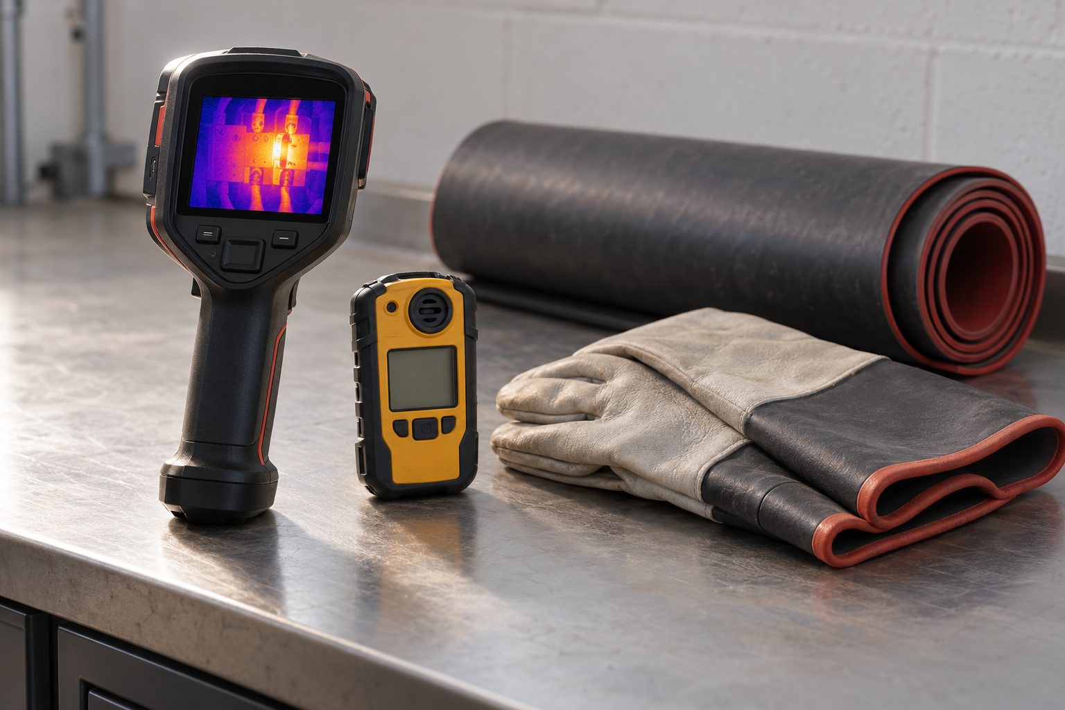 A thermal imaging camera, carbon monoxide meter, insulating gloves and rolled mat laid out on a clean workshop bench.
