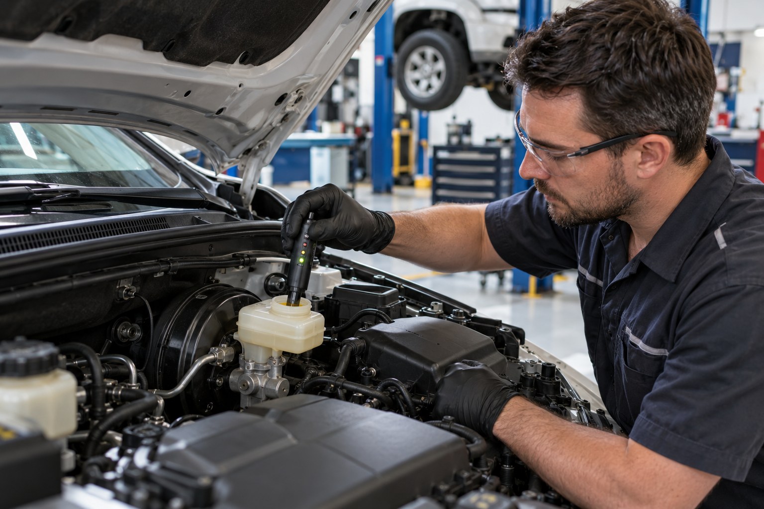 Mechanic checking the brake fluid reservoir in a workshop