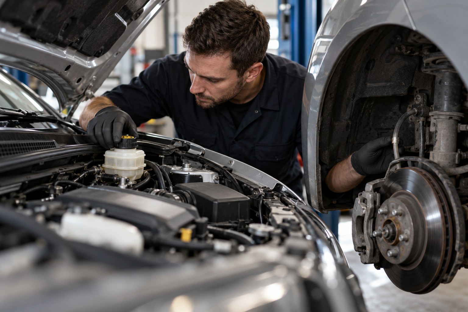 Mechanic inspecting a brake fluid reservoir and wheel brake assembly