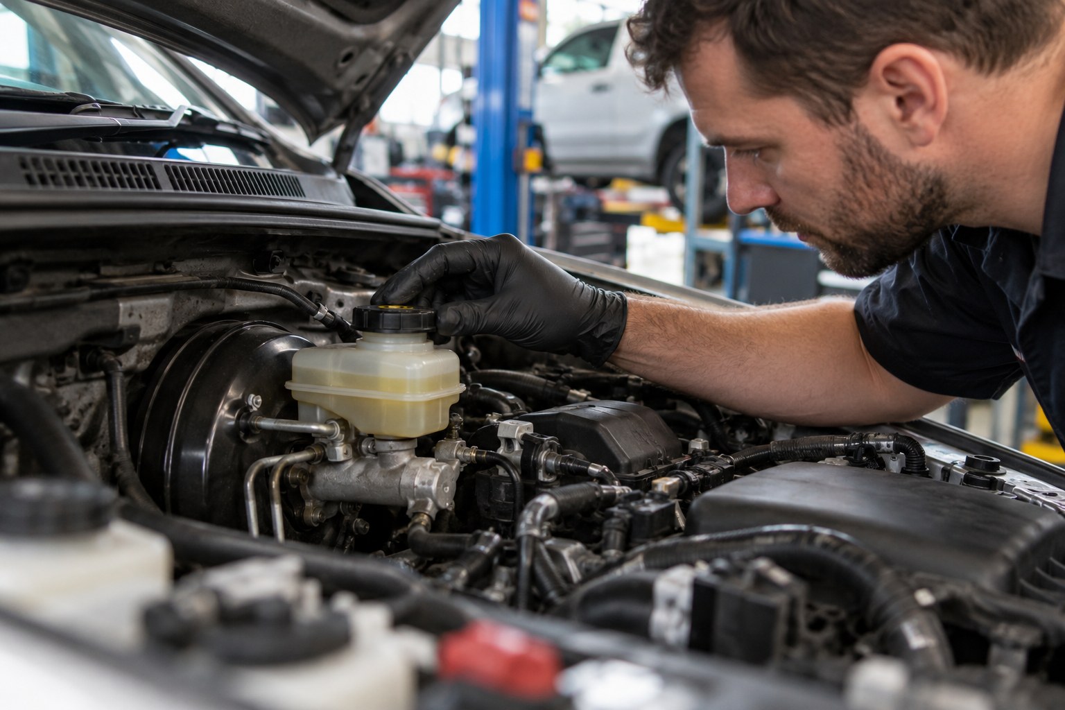 Mechanic inspecting the brake fluid reservoir under a car bonnet