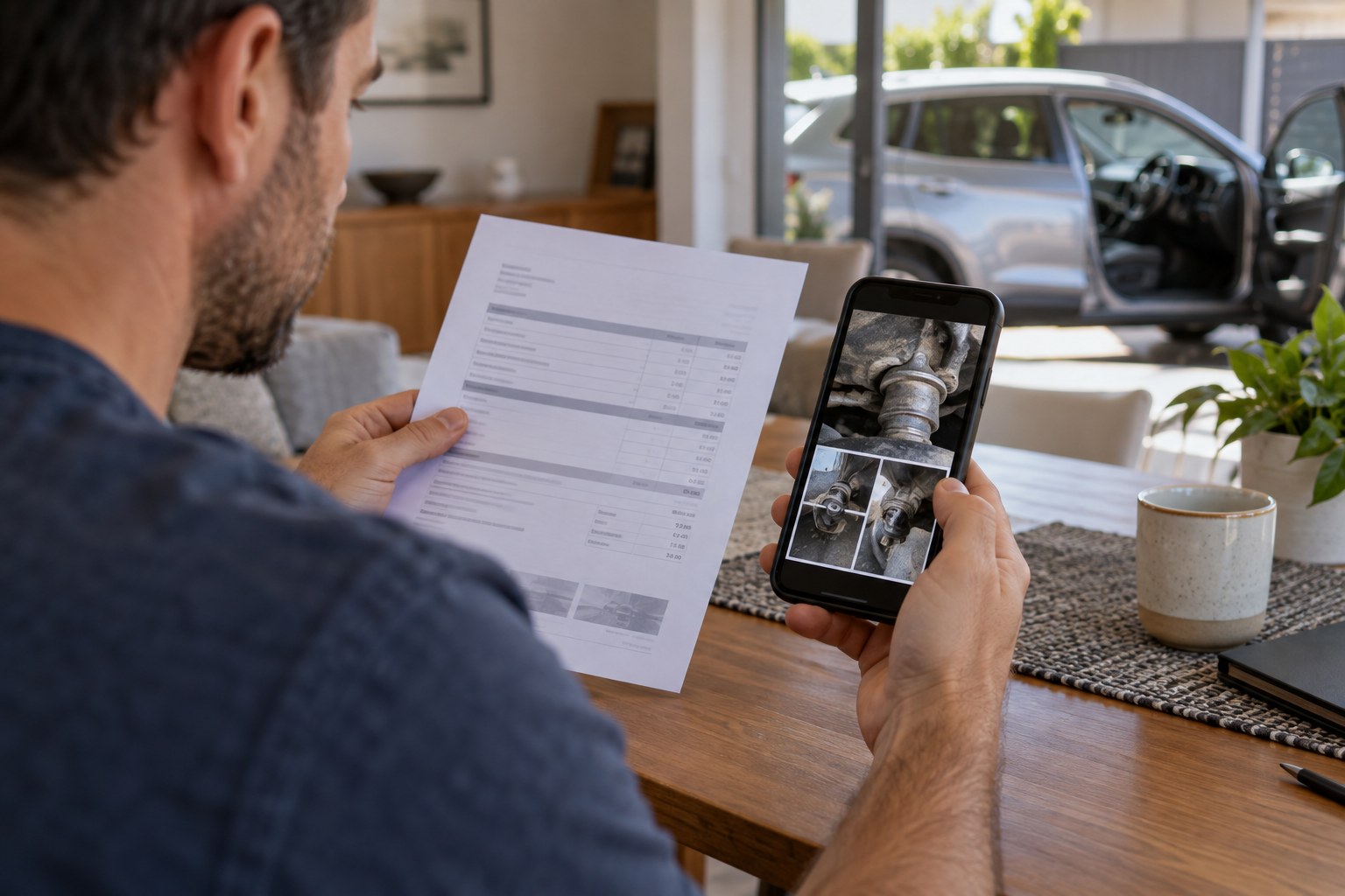 Car owner comparing a repair estimate with photos on a phone