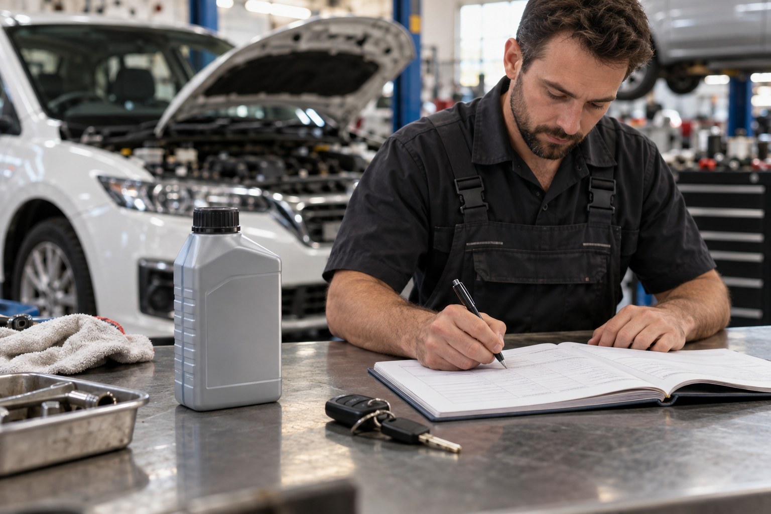 Mechanic recording a brake fluid service beside a fluid container