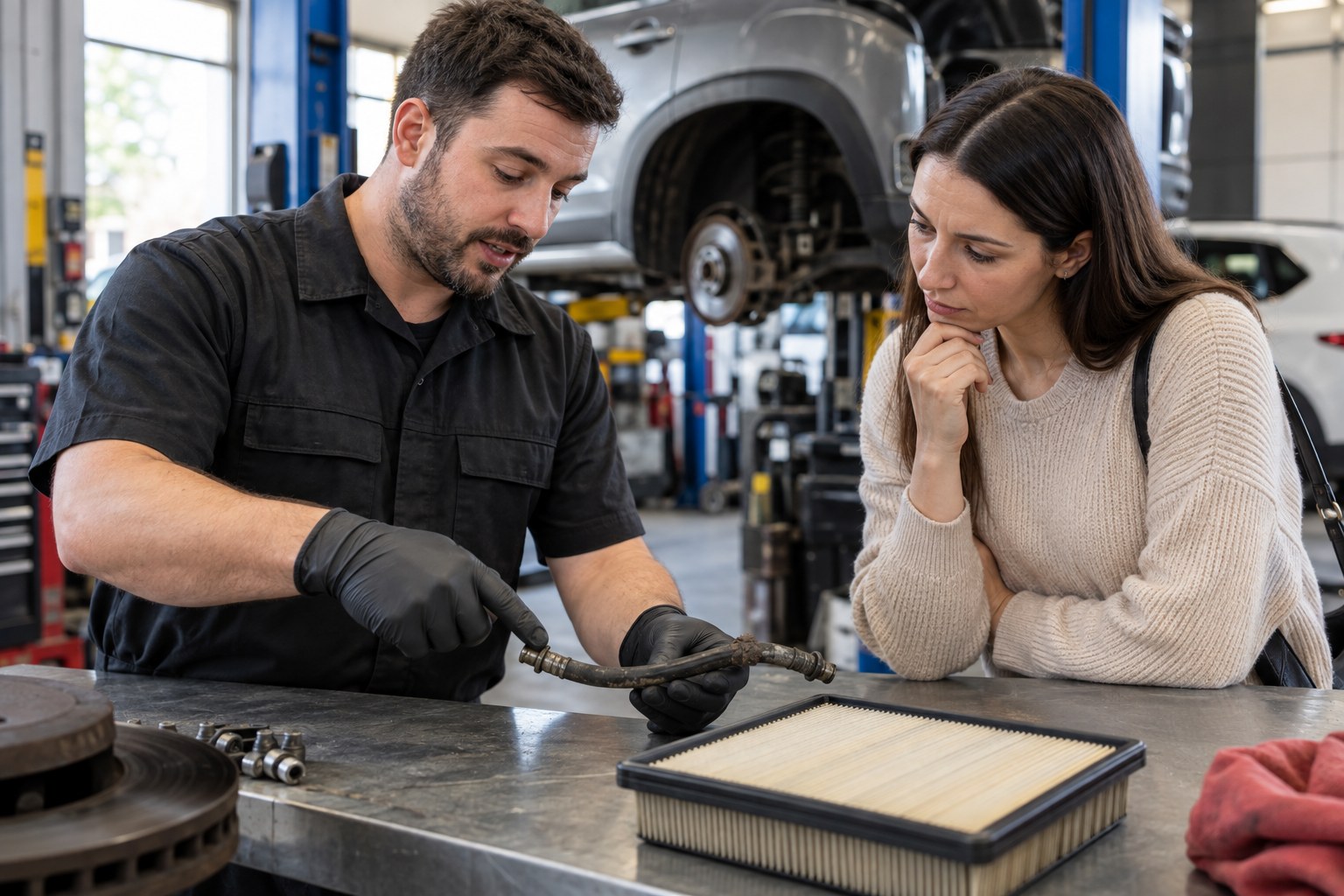 Mechanic discussing repair priorities with a customer at a workbench