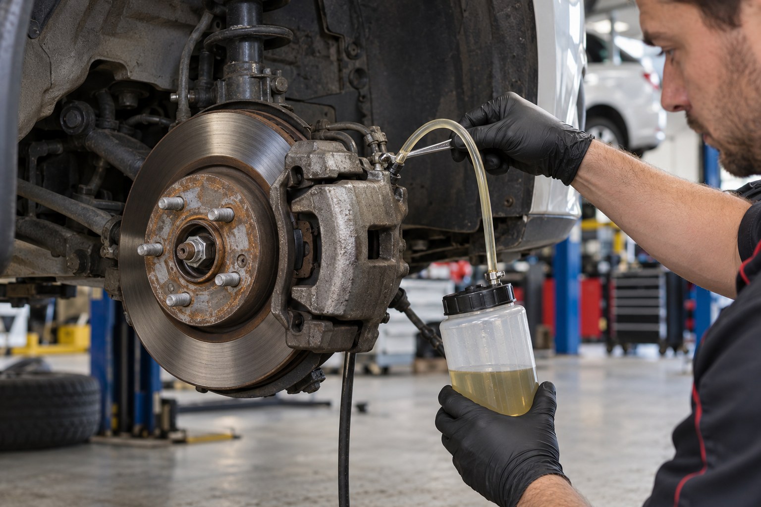 Mechanic bleeding a brake caliper into a collection bottle