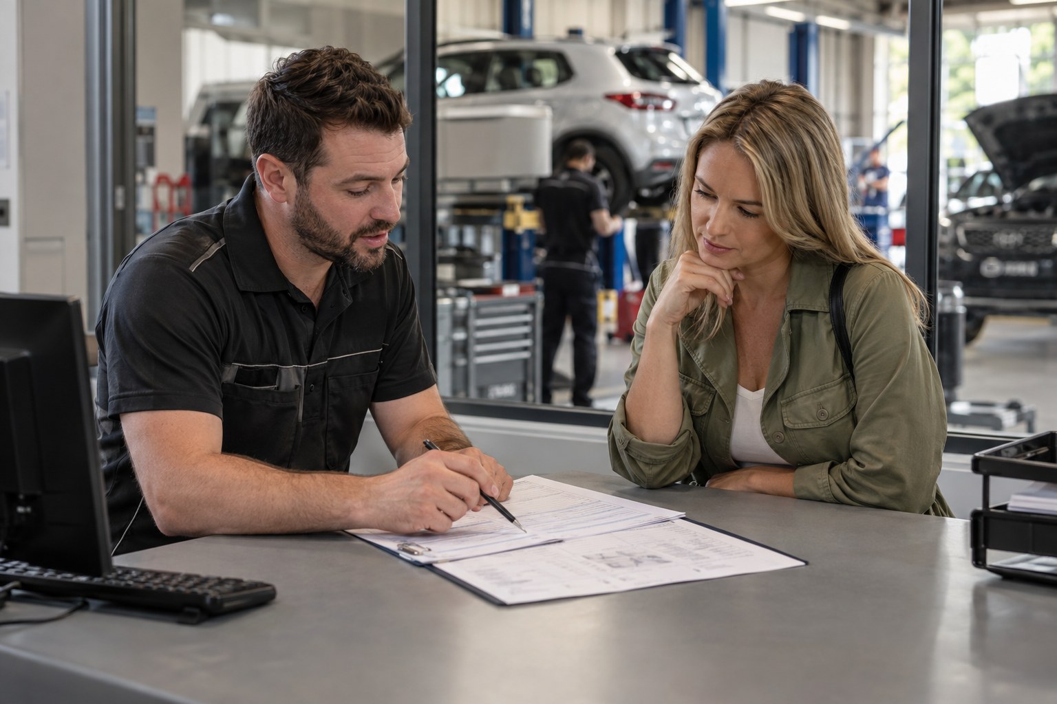 Workshop advisor discussing a repair estimate with a customer