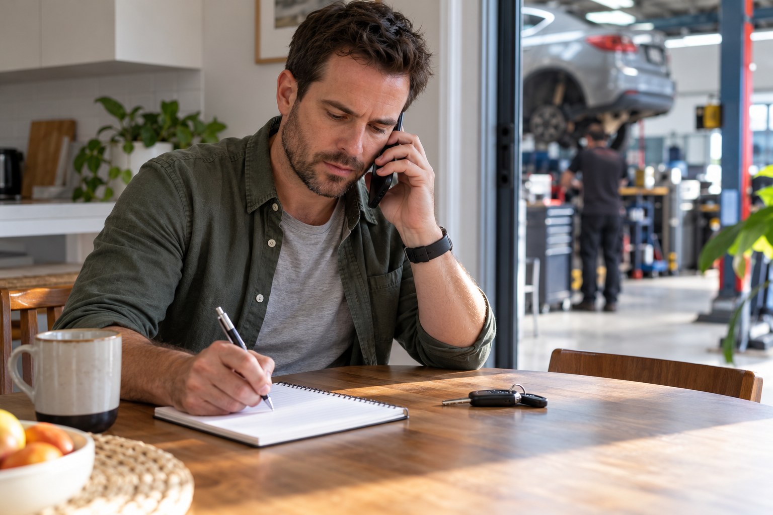 Car owner taking a workshop call and writing notes at home