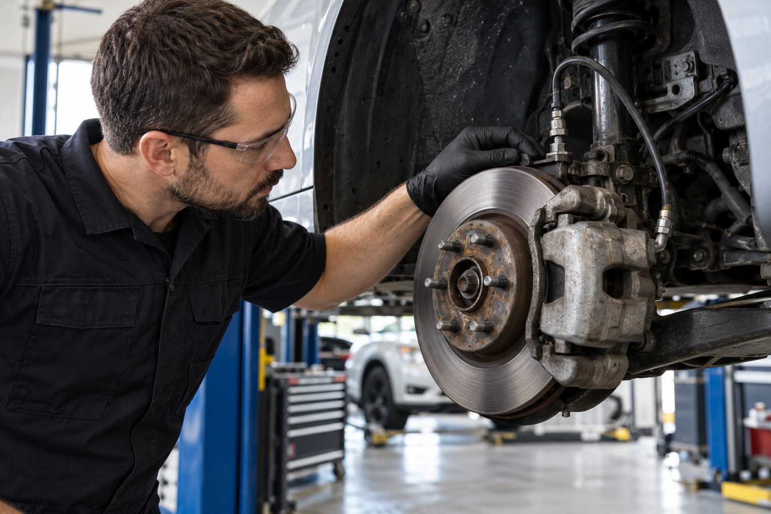 Mechanic inspecting the brake disc and caliper with the wheel removed