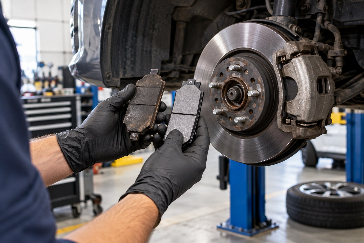 Gloved mechanic comparing worn and new brake pads beside a brake disc