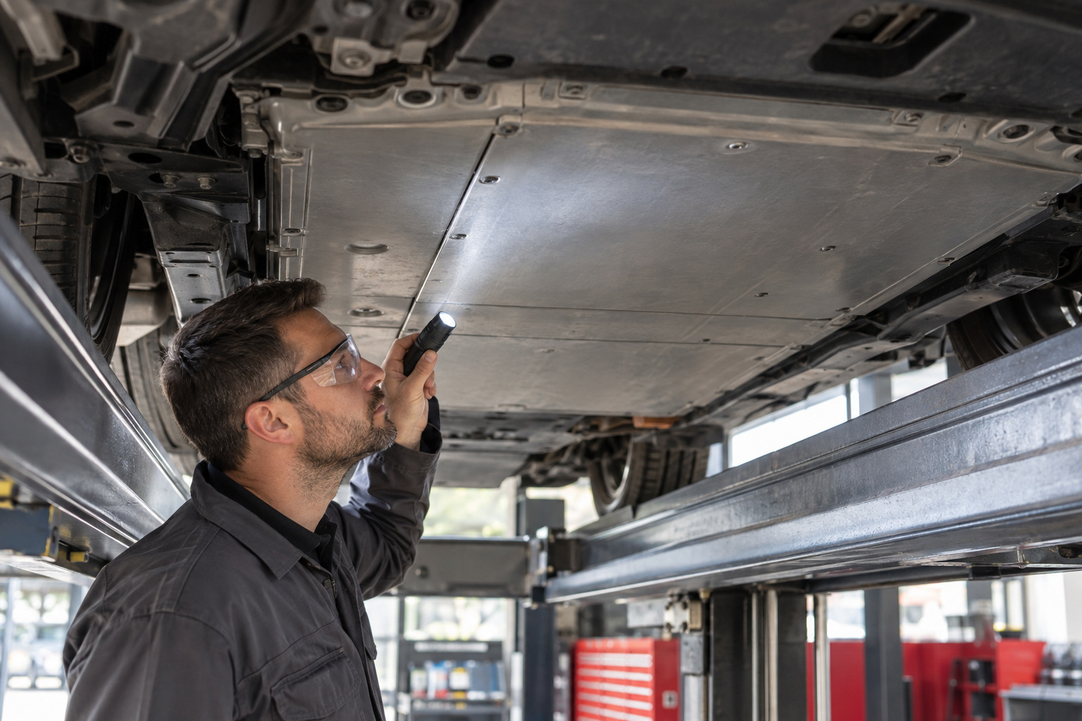 Mechanic using a torch to visually inspect an intact electric vehicle underfloor battery enclosure on an inspection lift.