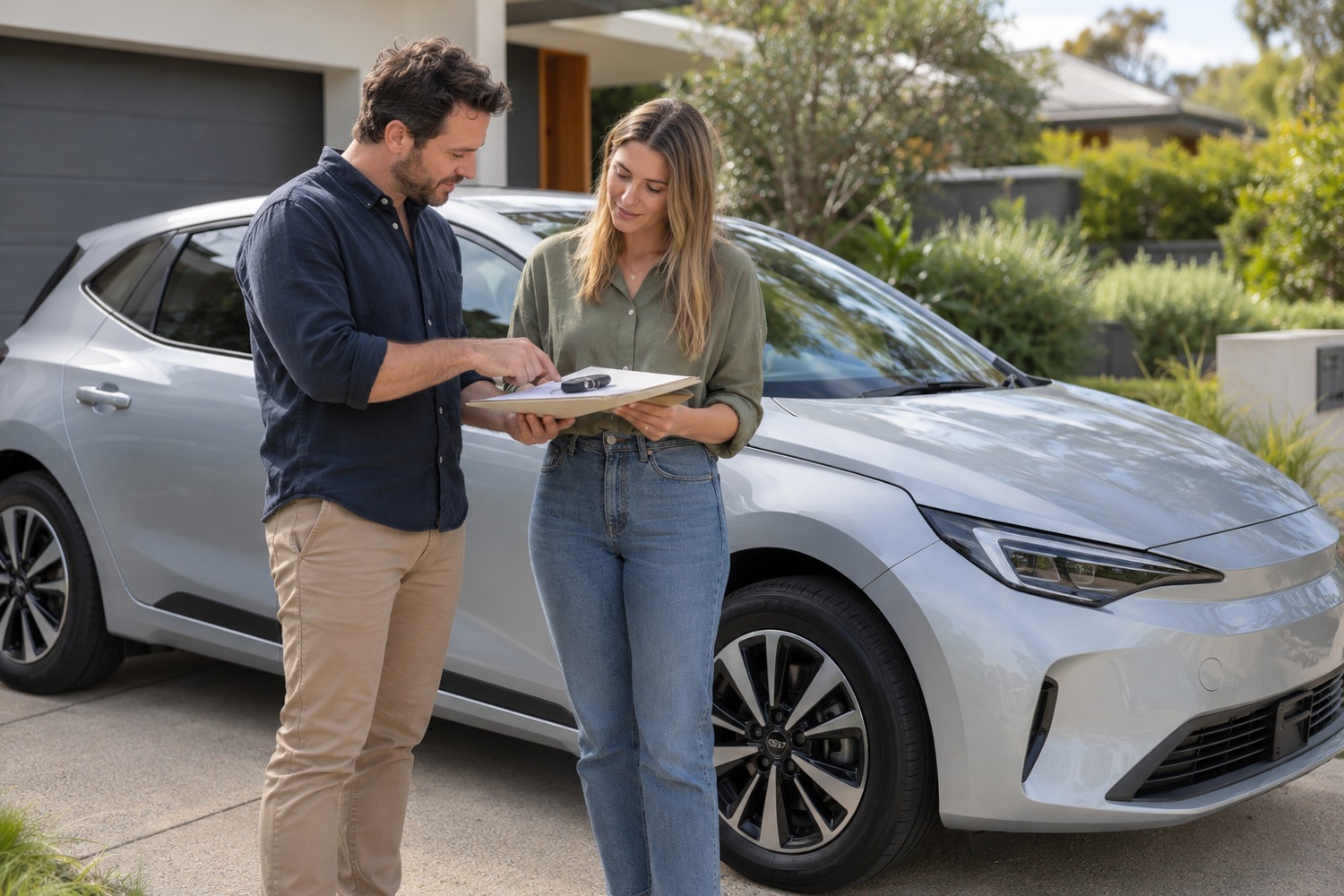 Seller and buyer reviewing paperwork and keys beside an electric hatchback in a suburban driveway.