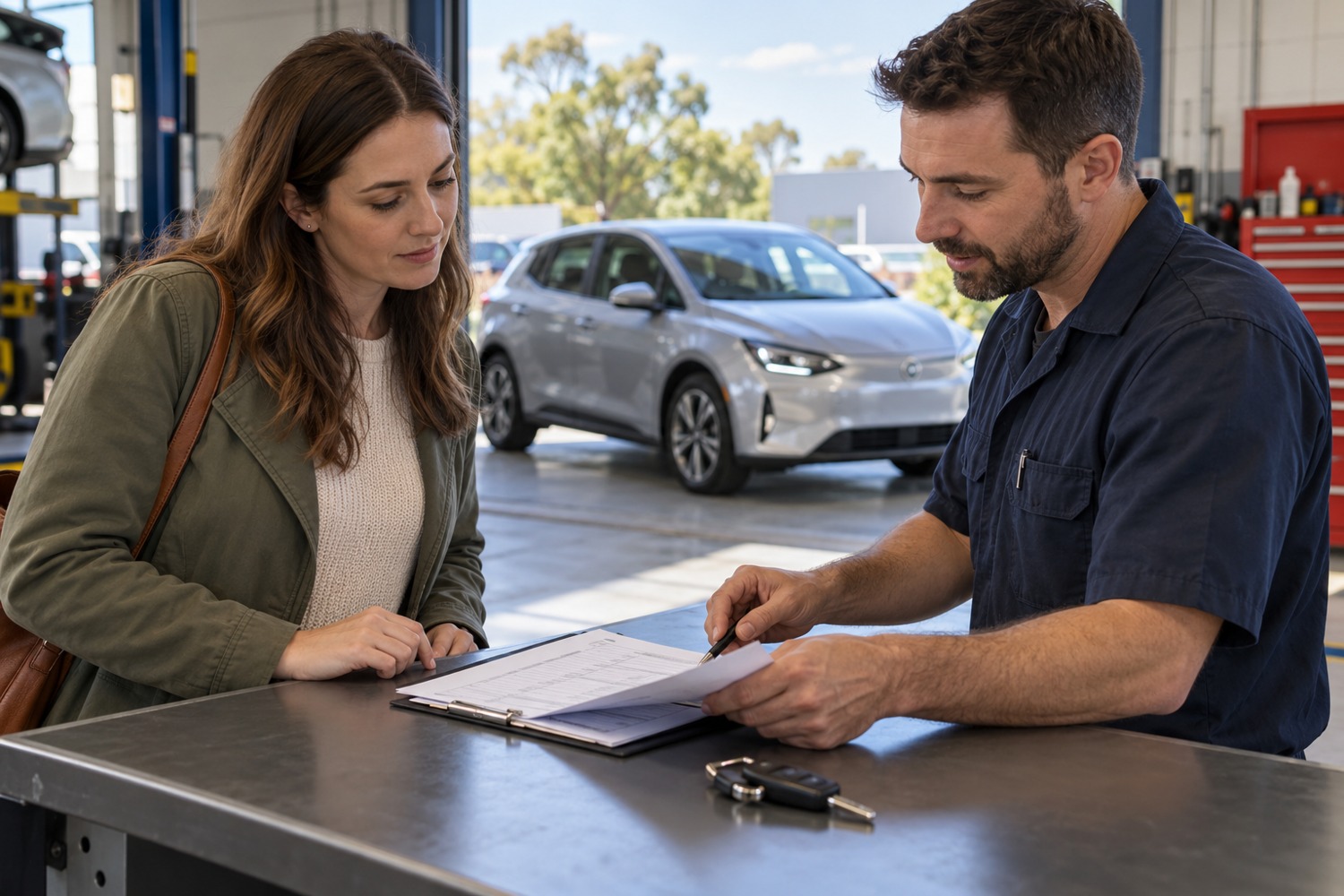 Customer and mechanic reviewing inspection paperwork with an electric car behind them and keys on the counter.