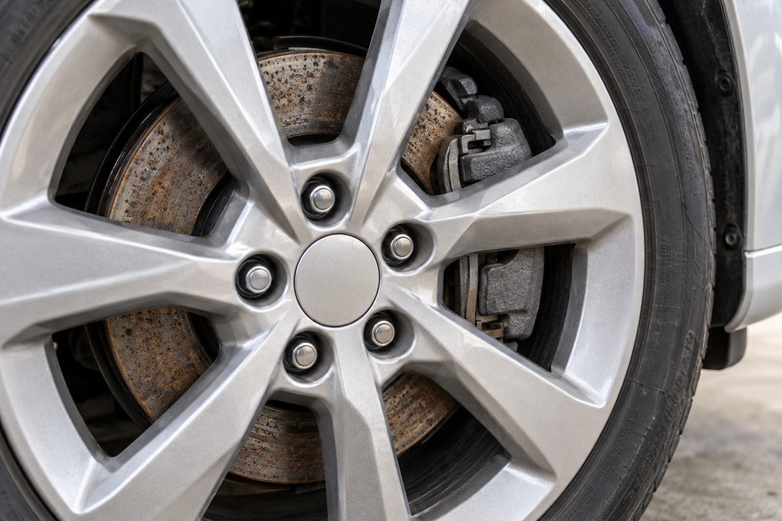 Corrosion and pitting on a brake disc visible through the spokes of a silver alloy wheel.