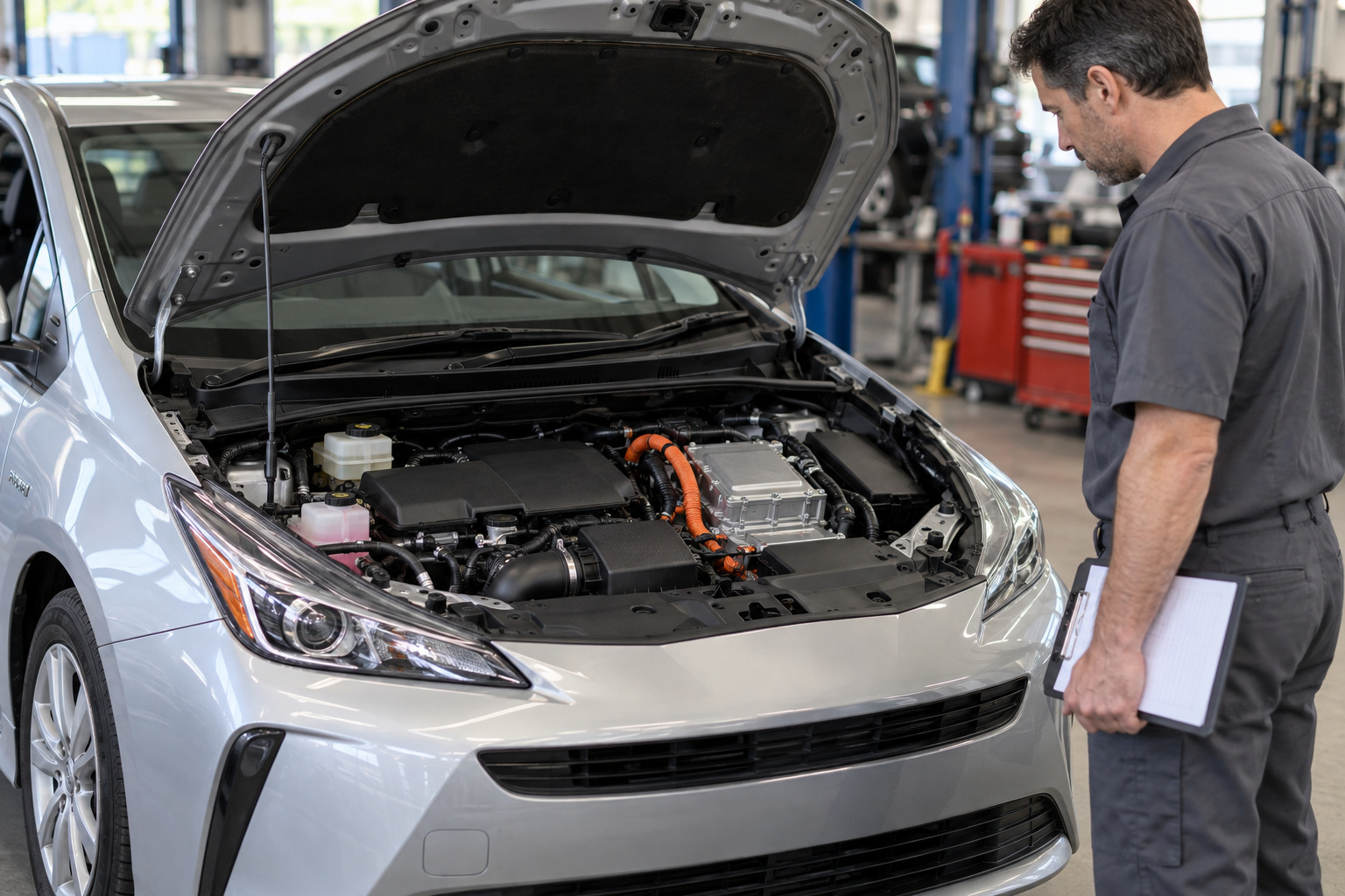 Mechanic visually checking a hybrid car engine bay with its inverter and protected orange high-voltage cables visible.