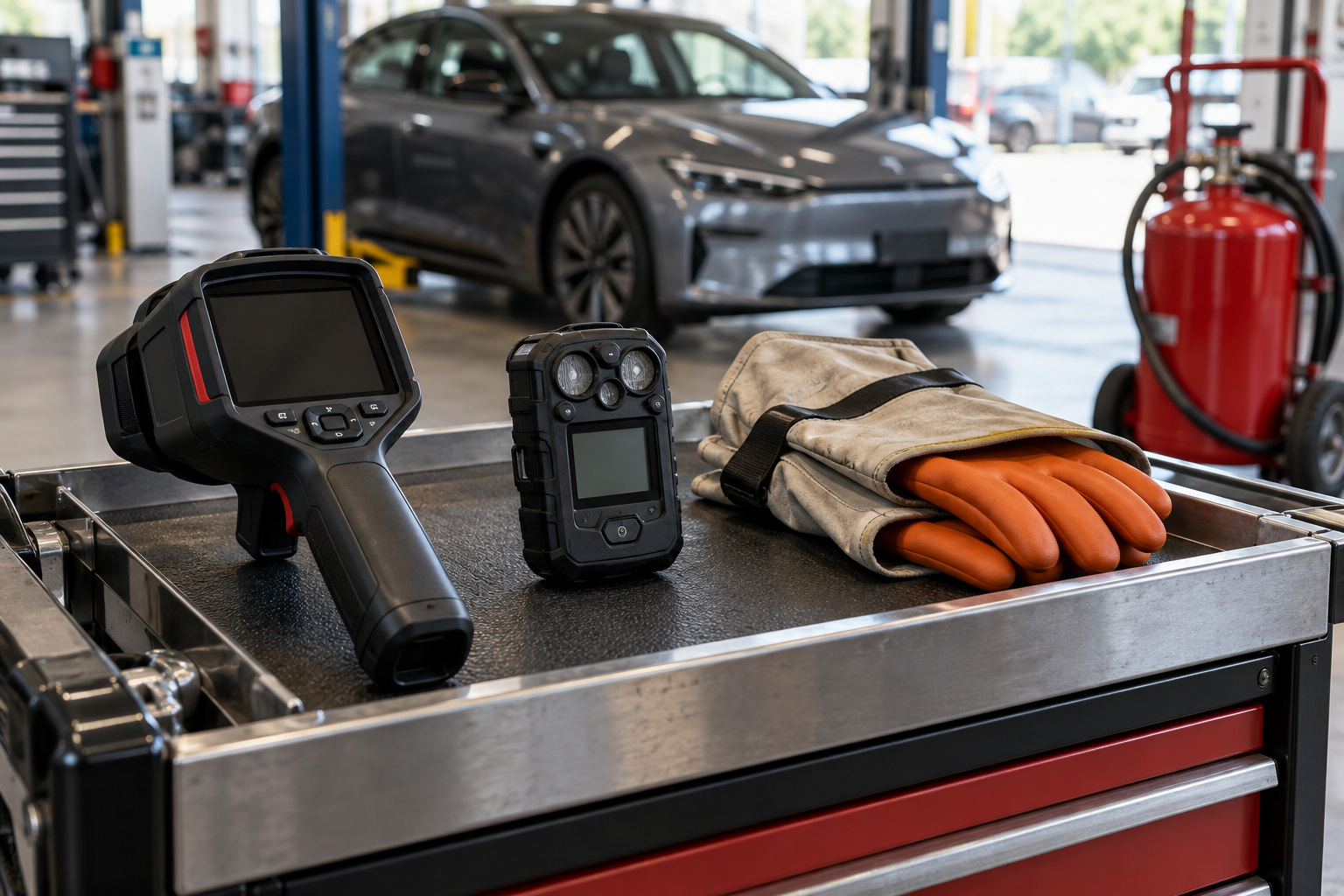 Thermal imaging camera, portable gas detector and protective electrical gloves on a trolley beside an electric car.
