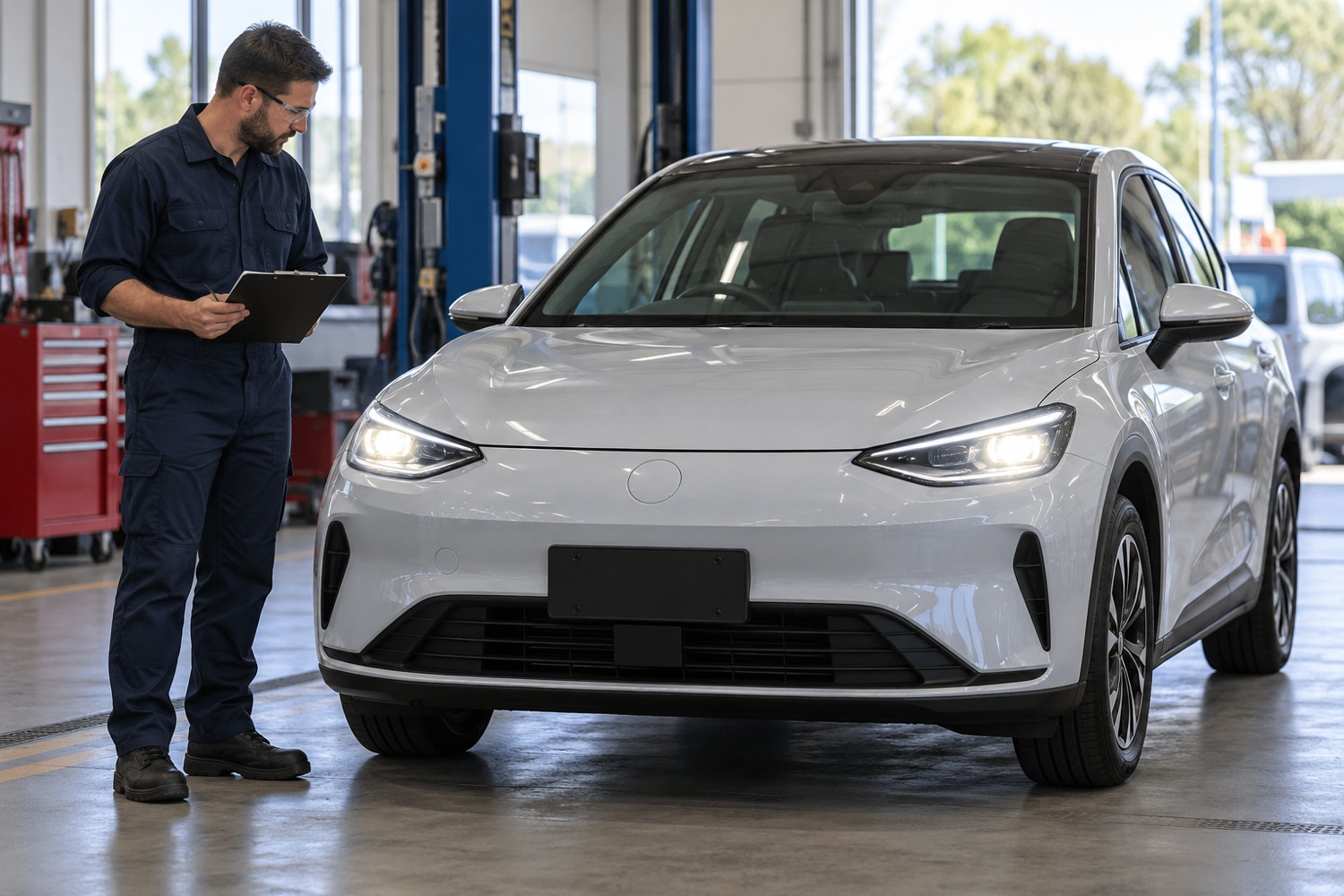 Mechanic checking the illuminated headlights of an electric car during a workshop safety inspection.