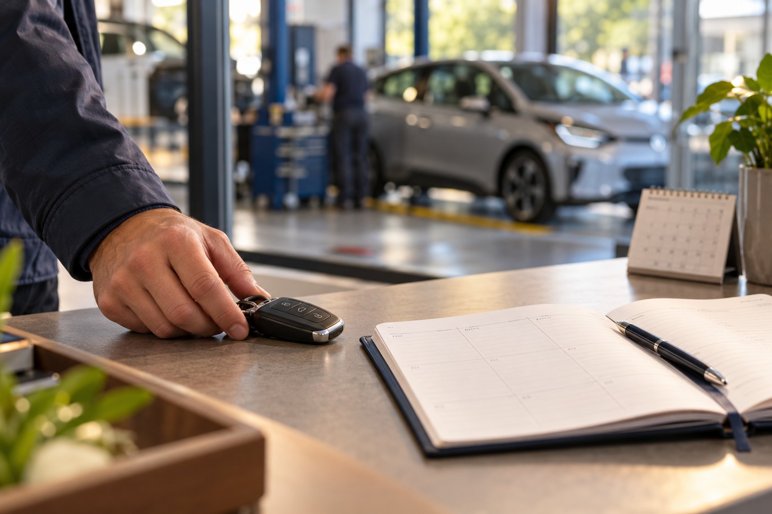 Car keys beside an appointment diary at a workshop counter, with an electric car in the service bay behind.