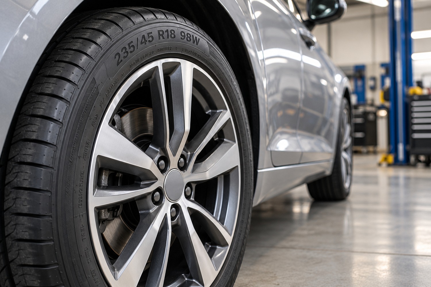Close-up of a mounted road tyre showing its size, load index and speed rating on the sidewall.