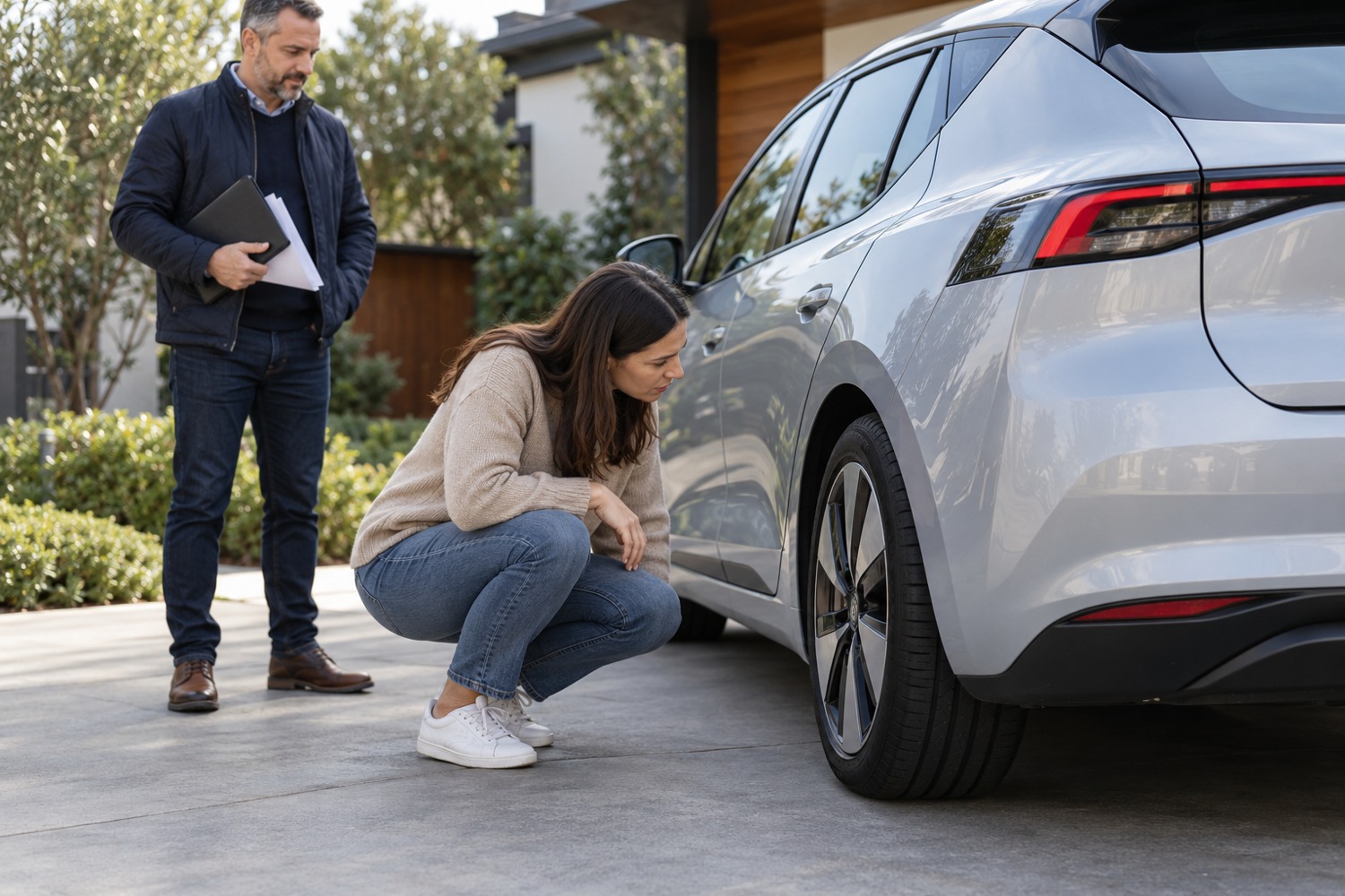 Buyer looking over an electric car tyre while the seller holds service and inspection paperwork nearby.