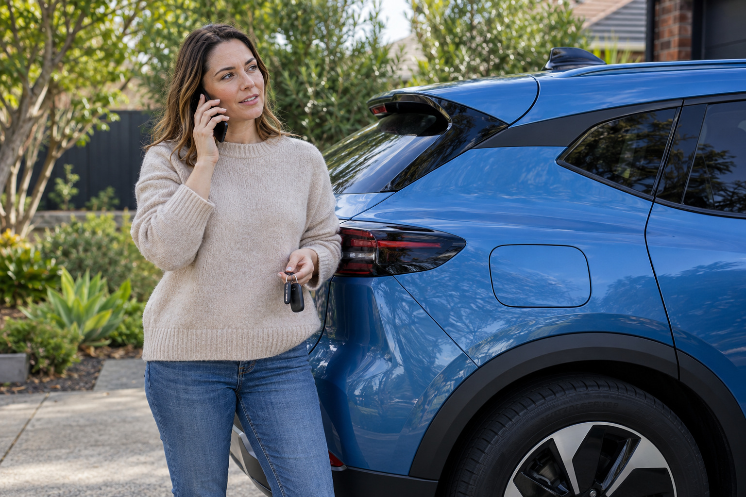 Car owner holding keys and making a phone call beside a blue electric crossover on a suburban driveway.