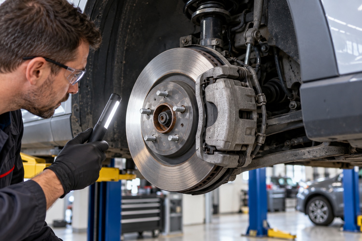 Mechanic inspecting an exposed friction brake disc and caliper with a workshop light.