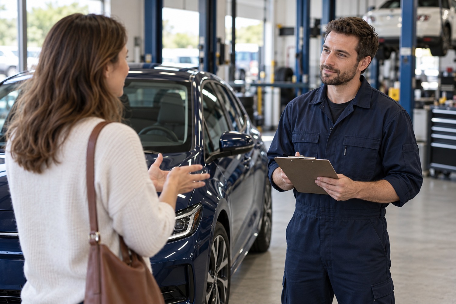 Owner discussing an electric vehicle inspection with a mechanic beside her car.