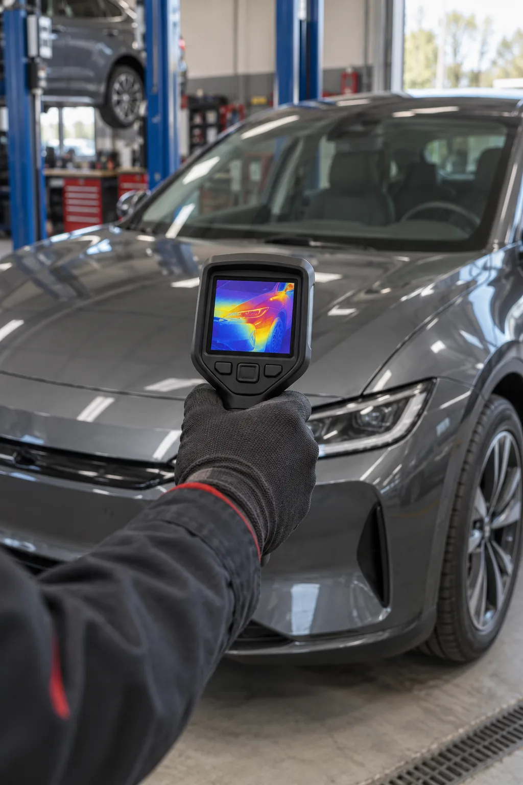 Gloved hand holding a thermal imaging camera in front of an electric car in a workshop.